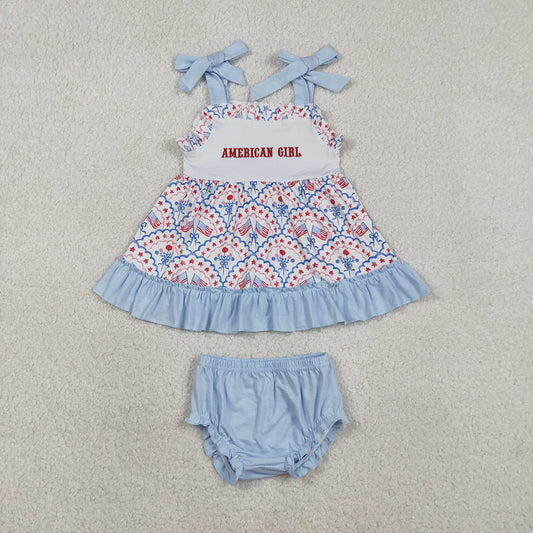 SR3648 American Girl Embroidery Flag Bows Strap Tunic Top Blue Shorts Baby Girls 4th of July Bummie Set