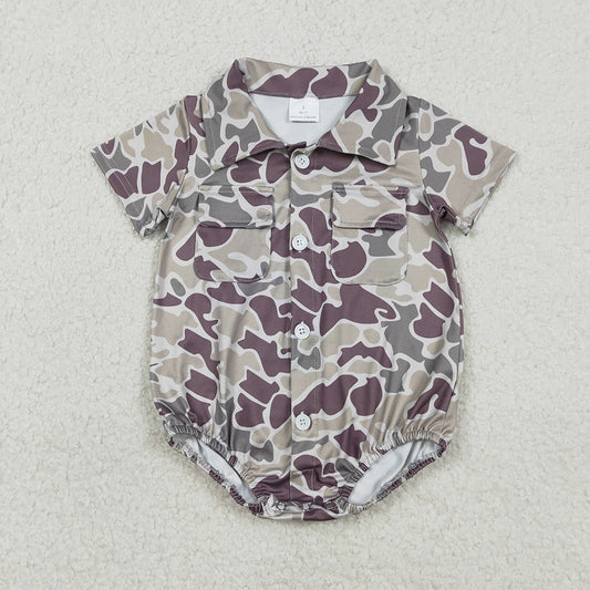 SR3652 Dark Brown Camo Print Pockets Baby Boys Summer Romper
