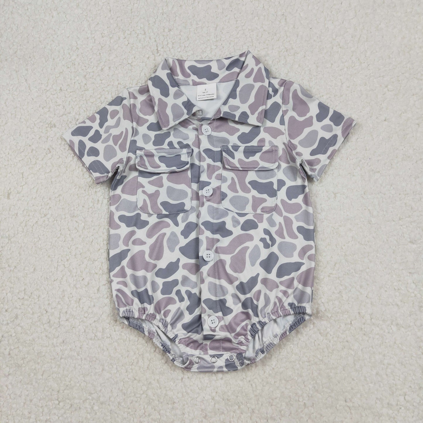 SR3654 Grey Camo Print Pockets Baby Boys Summer Romper