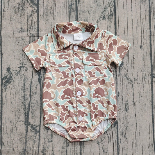 (Pre-order)SR3655 Brown Blue Camo Print Pockets Baby Boys Summer Romper