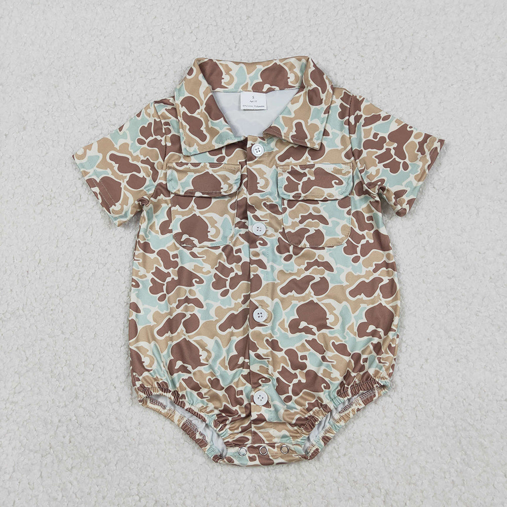 SR3655 Brown Blue Camo Print Pockets Baby Boys Summer Romper