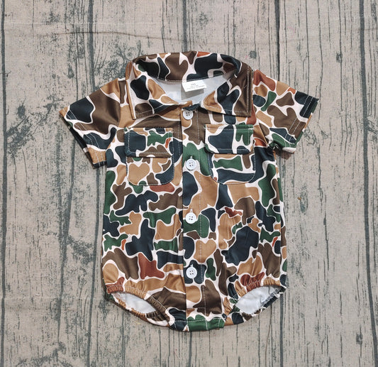 (Pre-order)SR3656 Brown Camo Print Pockets Baby Boys Summer Romper