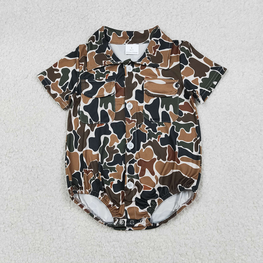 SR3656 Brown Camo Print Pockets Baby Boys Summer Romper