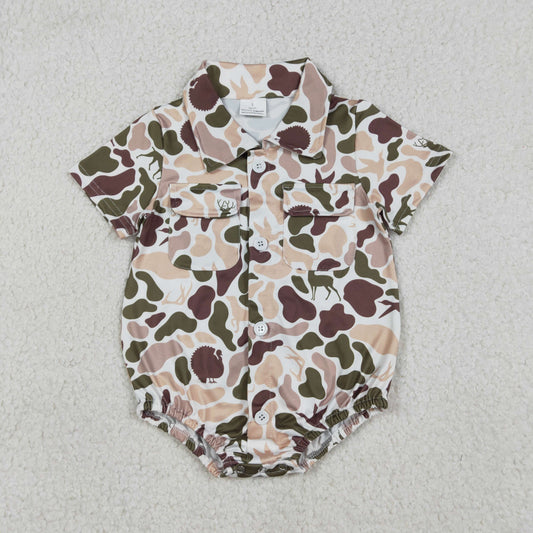 SR3657 Brown Khaki Camo Print Pockets Baby Boys Summer Romper