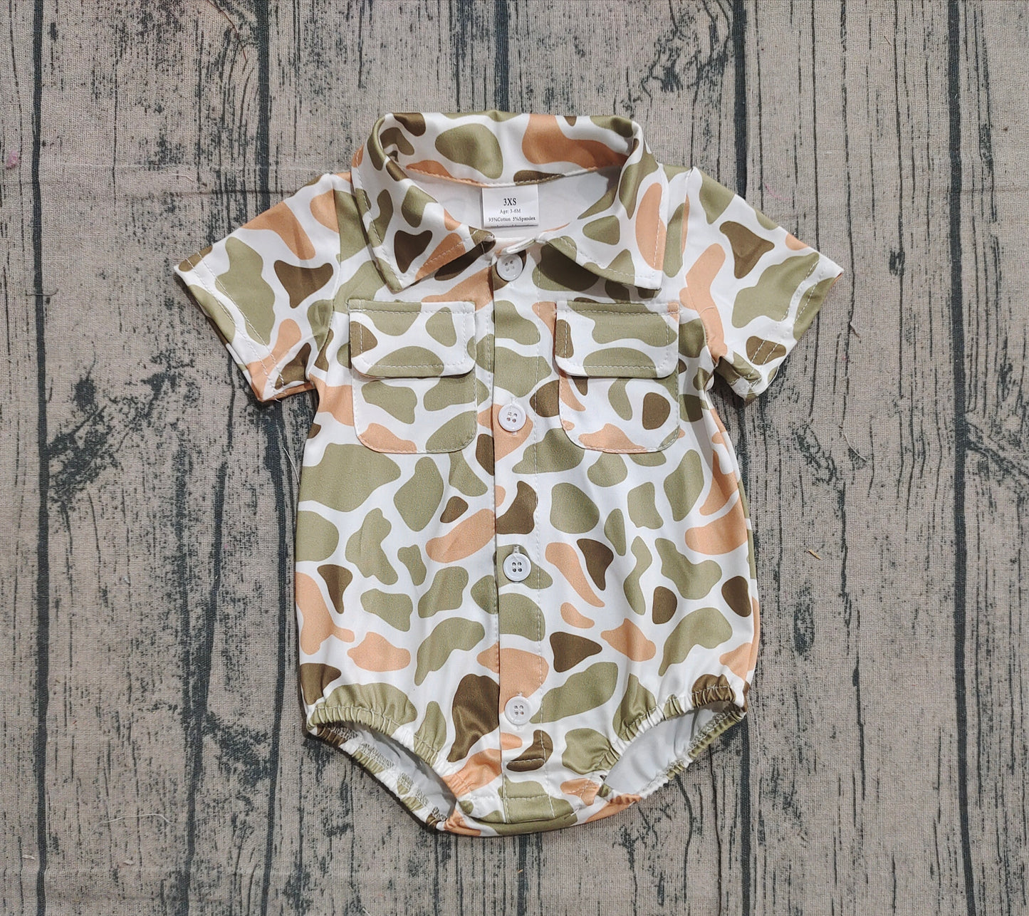 (Pre-order)SR3658 Orange Green Camo Print Pockets Baby Boys Summer Romper