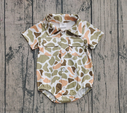 (Pre-order)SR3658 Orange Green Camo Print Pockets Baby Boys Summer Romper
