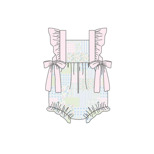 (Pre-order)SR3675 Small Flowers Plaid Print Baby Girls Summer Romper