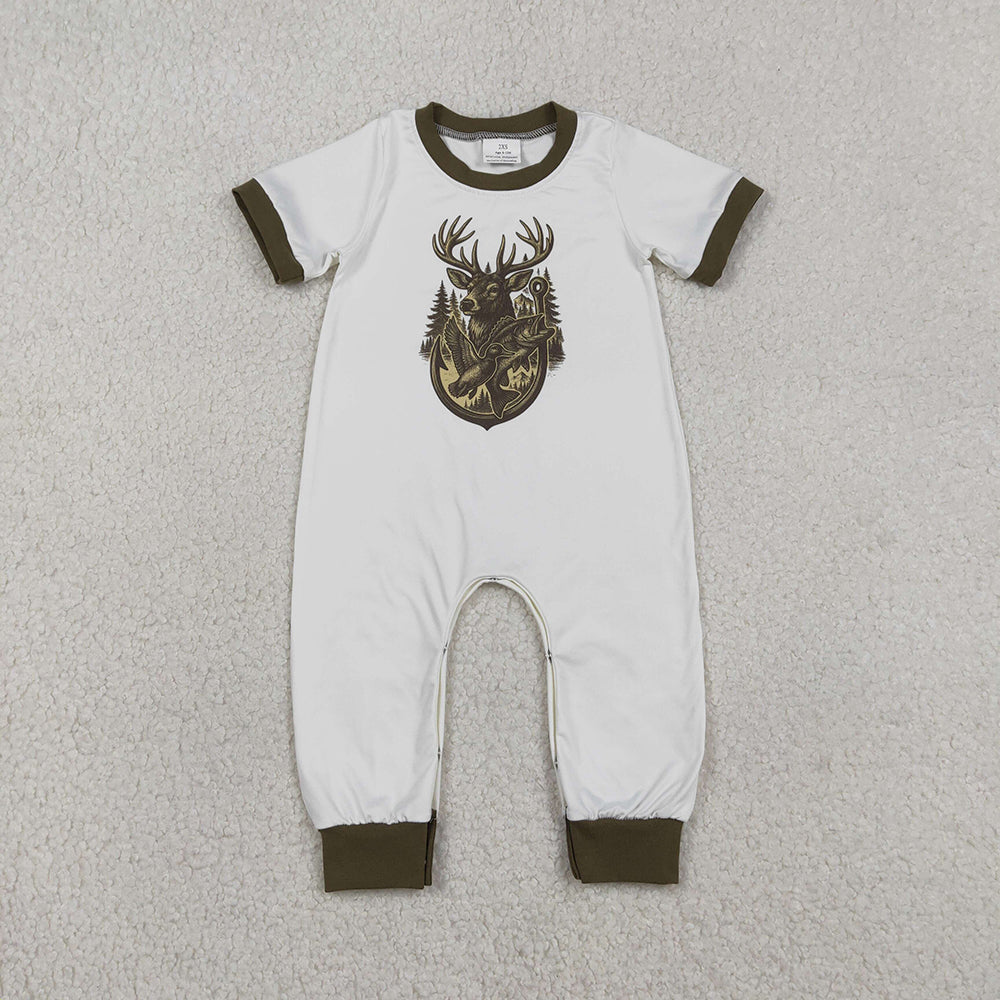 SR3683 Duck Fish Deer White Print Baby Boys Summer Hunting Romper