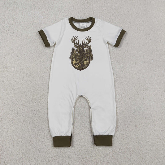 SR3683 Duck Fish Deer White Print Baby Boys Summer Hunting Romper