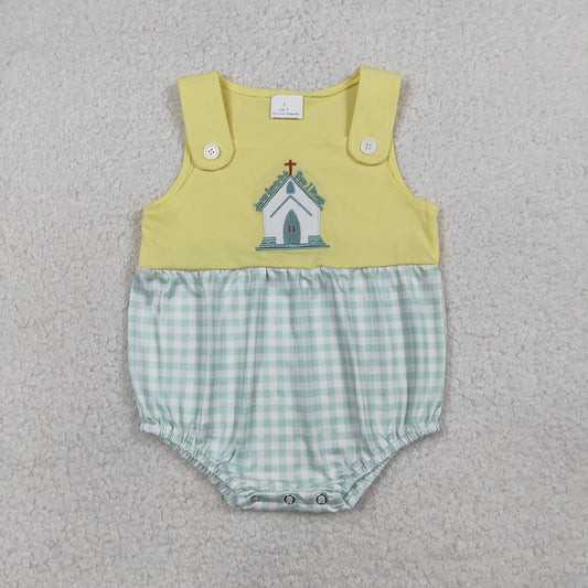 SR3703 Jesus Loves Me Embroidery Yellow Baby Boys Summer Romper