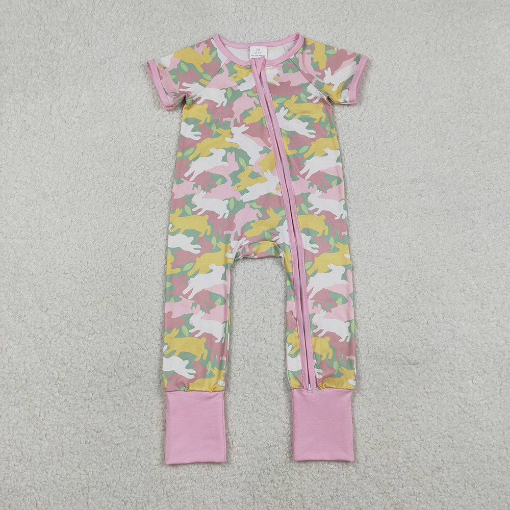 SR3715 Bunny Pink Camo Print Baby Girls Easter Zipper Sleeper Romper