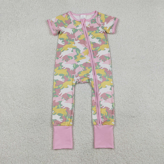 SR3715 Bunny Pink Camo Print Baby Girls Easter Zipper Sleeper Romper