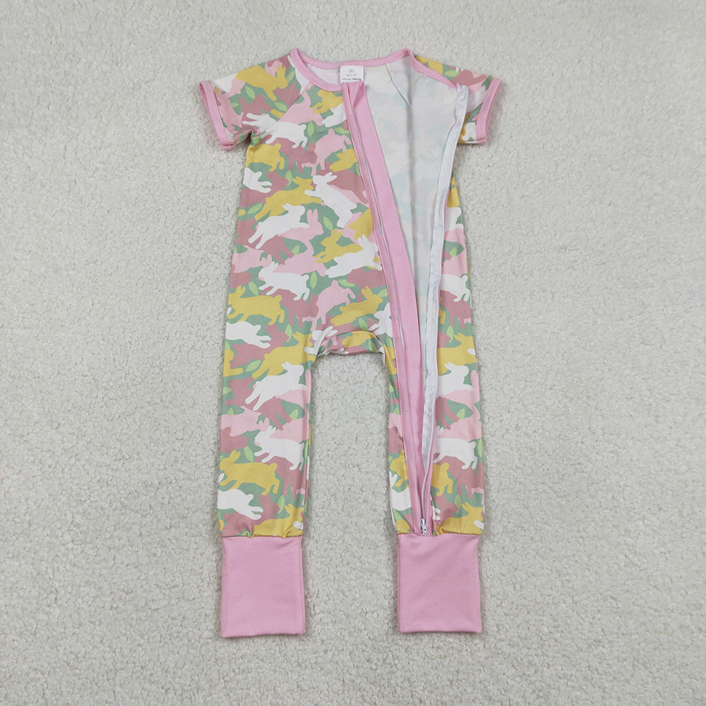 SR3715 Bunny Pink Camo Print Baby Girls Easter Zipper Sleeper Romper