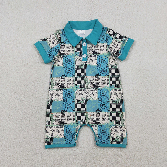 SR3723 Cowboy Rodeo Plaid Print Baby Boys Western Summer Romper