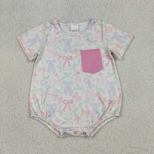 SR3731 Colorful Bows Print Pocket Baby Girls Summer Romper