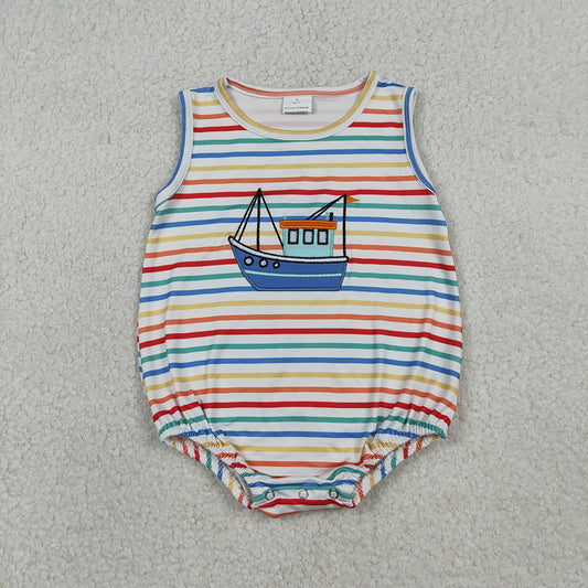 SR3733 Ship Embroidery Stripes Print Baby Boys Summer Romper