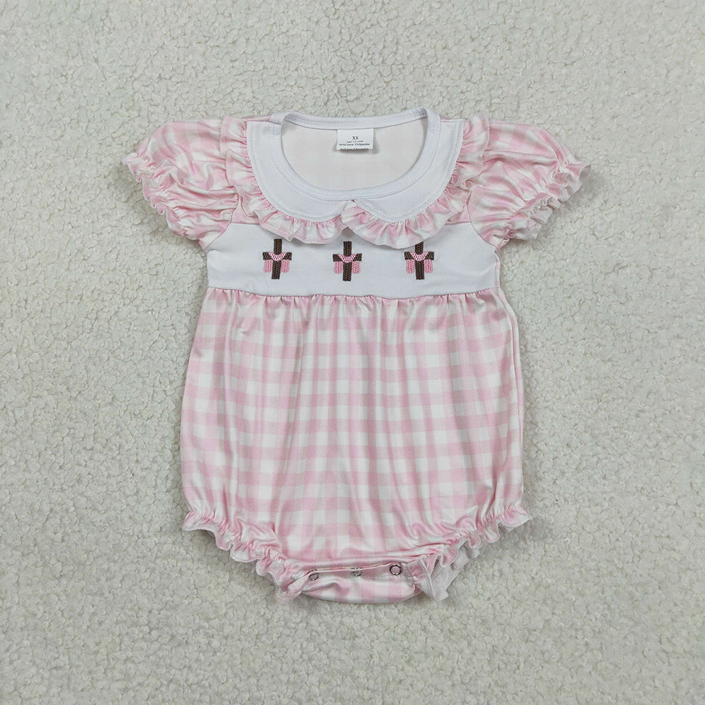 SR3756 Cross Embroidery Pink Plaid Print Baby Girls Easter Bubble Romper
