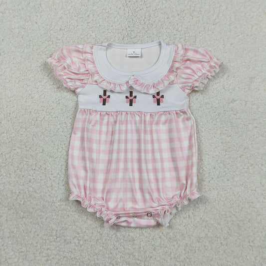 SR3756 Cross Embroidery Pink Plaid Print Baby Girls Easter Bubble Romper