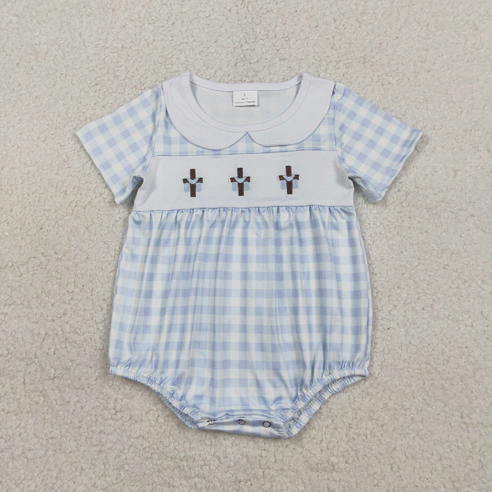 SR3757 Cross Embroidery Blue Plaid Print Baby Boys Easter Bubble Romper