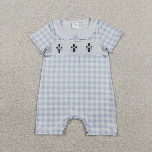 SR3758 Cross Embroidery Blue Plaid Print Baby Boys Easter Romper