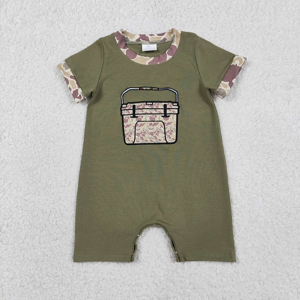 SR3761 Fishing Box Embroidery Green Camo Print Baby Boys Summer Romper