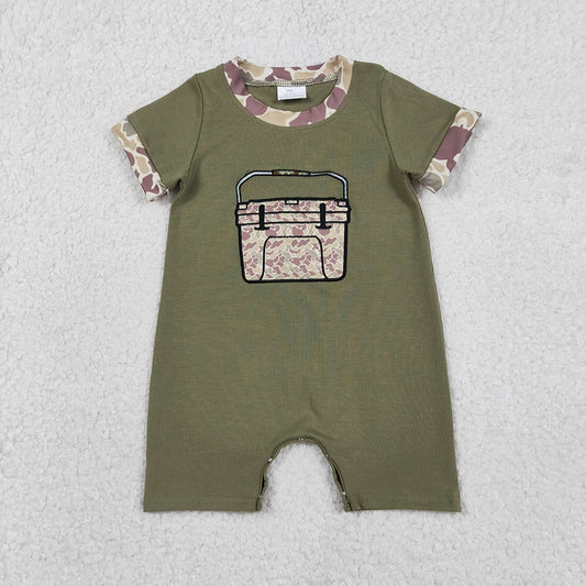 SR3761 Fishing Box Embroidery Green Camo Print Baby Boys Summer Romper