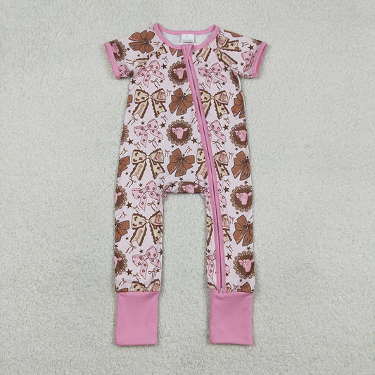 SR3763 Heifer Bows Pink Print Baby Girls Western Zipper Sleeper Romper
