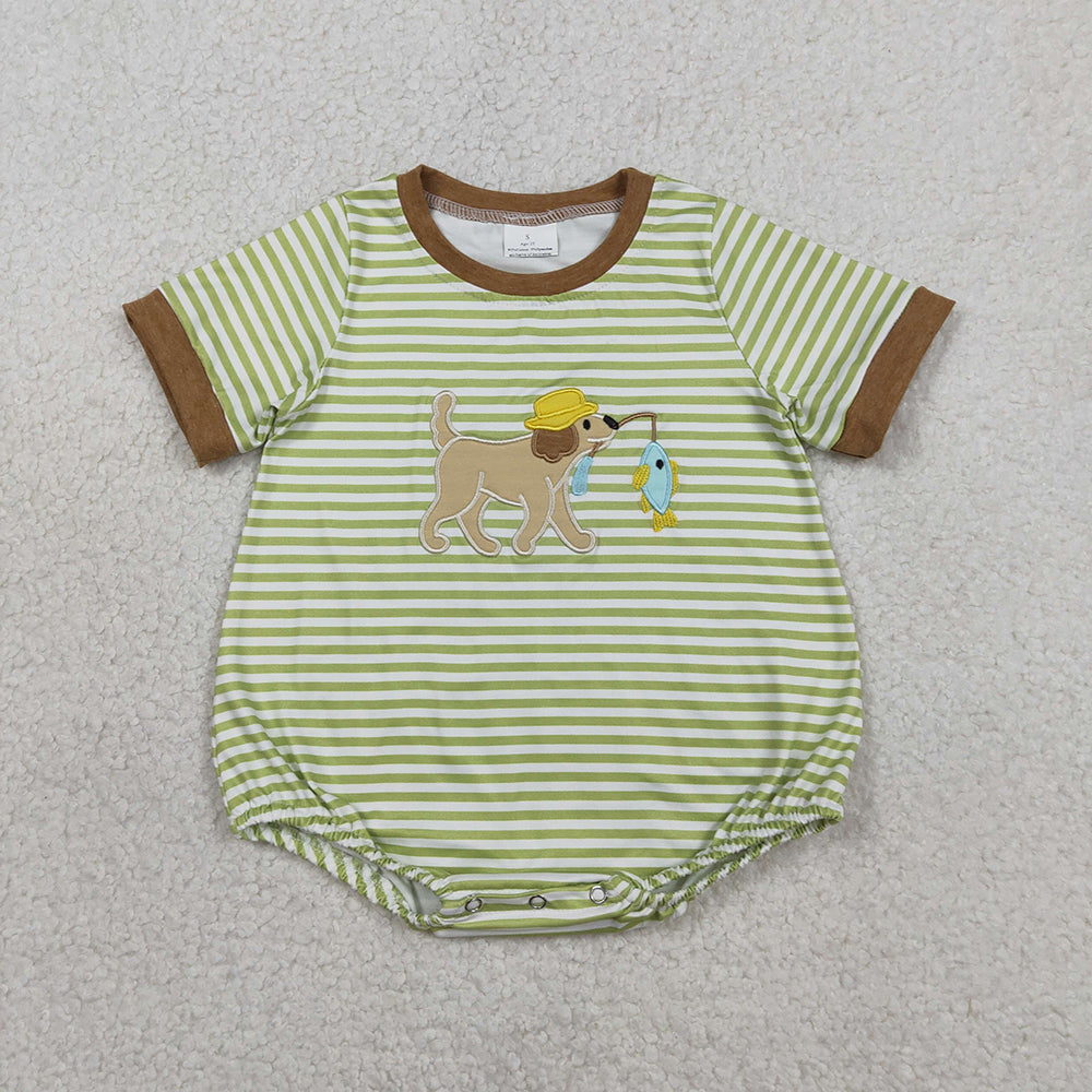 Puppy Fishing Embroidery Green Stripes Boys Summer Matching Clothes Brothers Wear