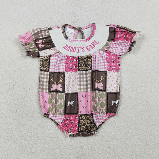 SR3778  DADDY'S GIRL Embroidery Animals Bows Plaid Print Baby Girls Summer Bubble Smocked Romper