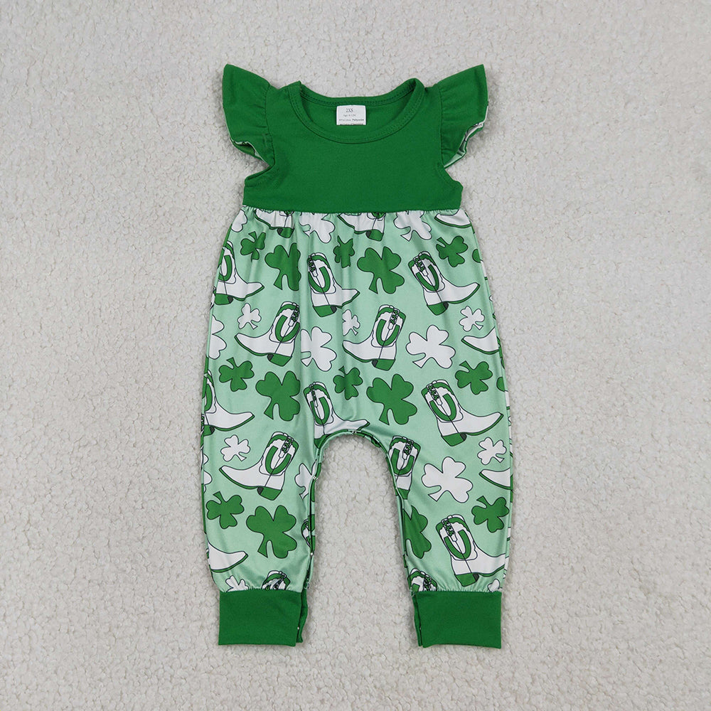 SR3783 Leaf Boots Green Print Baby Girls St. Patrick's Day Romper