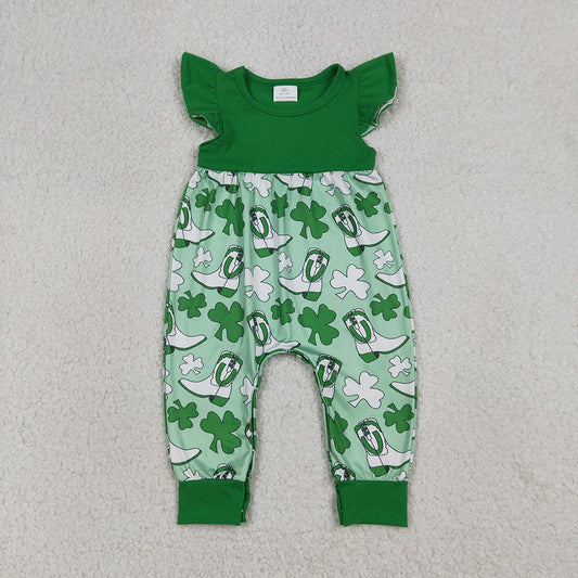 SR3783 Leaf Boots Green Print Baby Girls St. Patrick's Day Romper