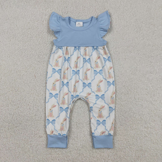 SR3806 Bunny Blue Bows Print Baby Girls Easter Romper