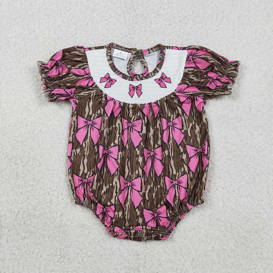 SR3827 Camo Bows Embroidery Baby Girls Summer Smocked Romper
