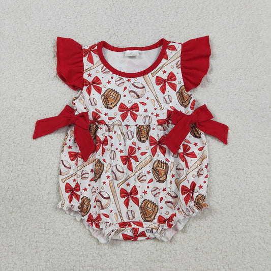 SR3834 Baseball Bows Print Baby Girls Summer Romper
