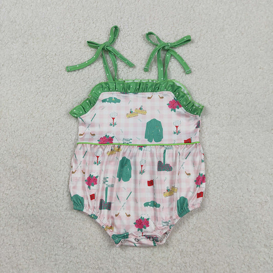 SR3868 Golf Pink Plaid Print Baby Girls Summer Strap Romper