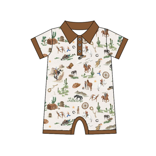 (Pre-order)SR3882 Cowboy Horse Print Baby Boys Summer Western Romper