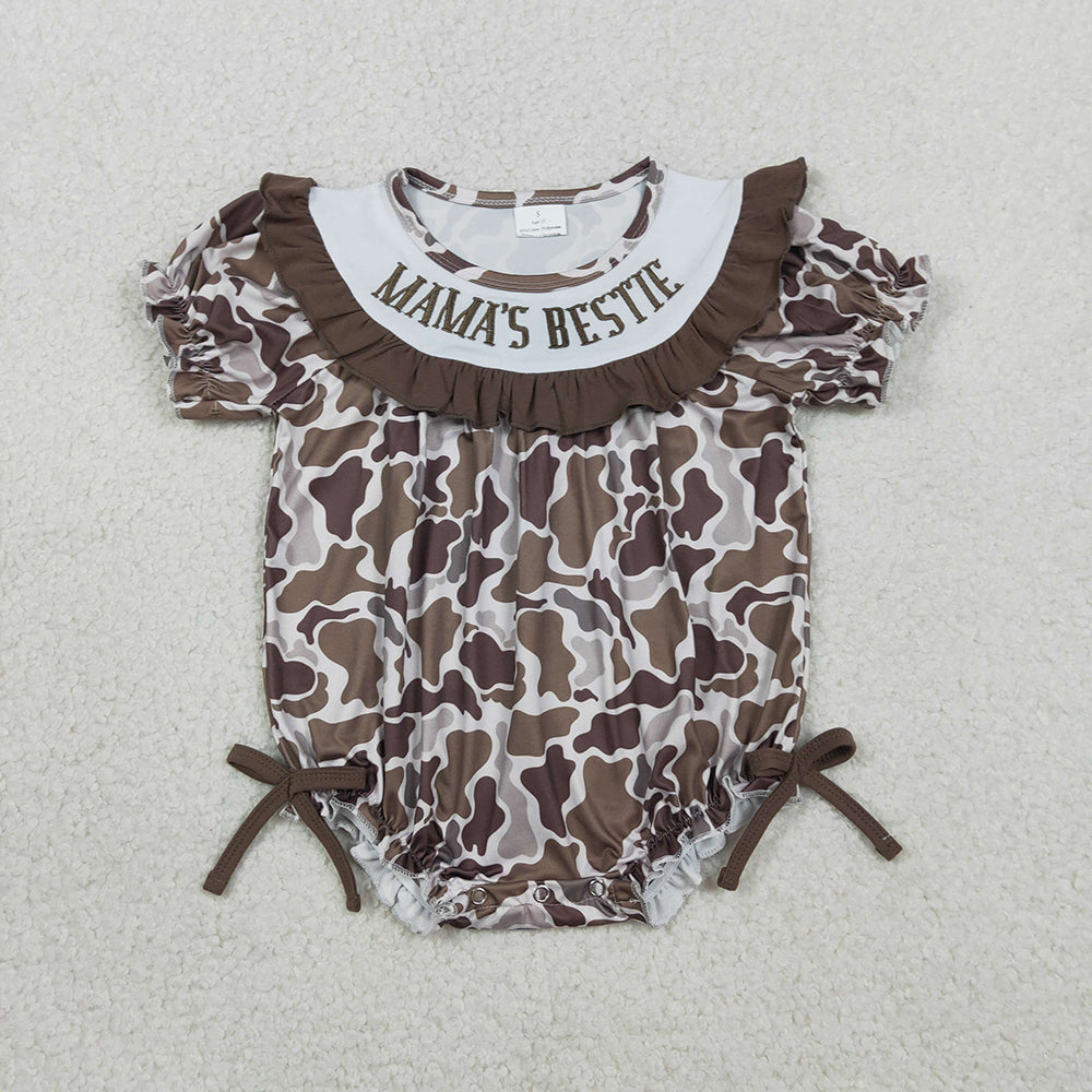 SR3888 MAMA'S BESTIE Embroidery Brown Camo Print Baby Girls Summer Romper
