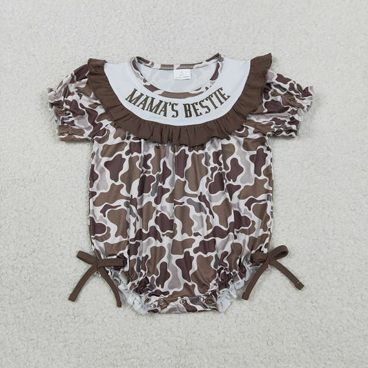SR3888 MAMA'S BESTIE Embroidery Brown Camo Print Baby Girls Summer Romper