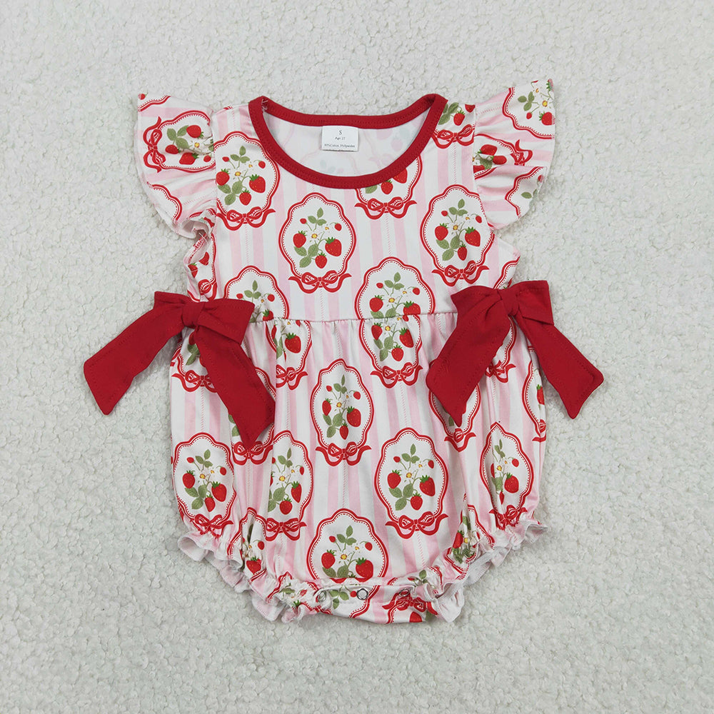SR3890 Strawberry Stripes Print Baby Girls Summer Romper