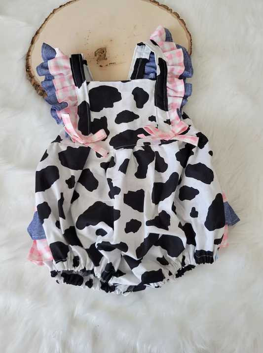 (Pre-order)SR3898 Cowhide Black White Print Baby Girls Summer Bubble Romper