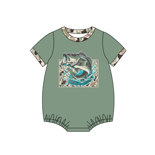 (Pre-order)SR3900 Fish Camo Green Print Baby Boys Summer Romper