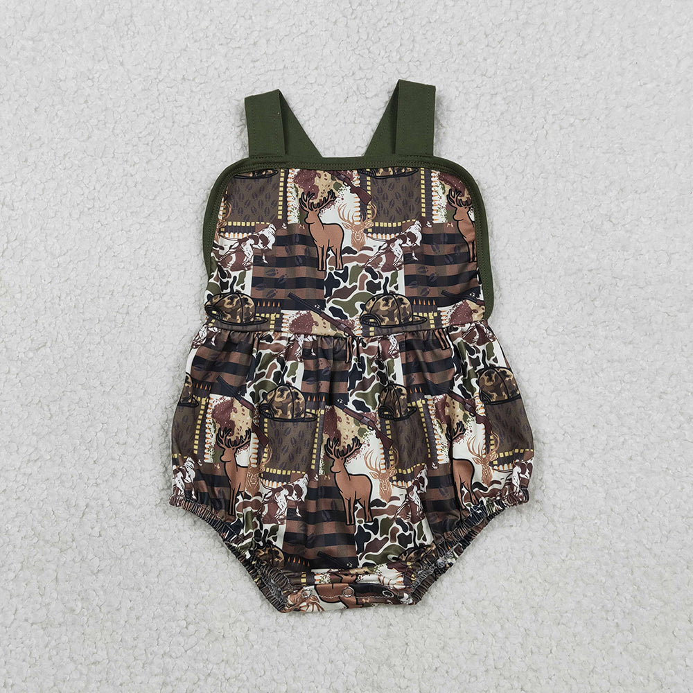 SR3927 Deer Camo Hunting Print Baby Boys Summer Bubble Romper