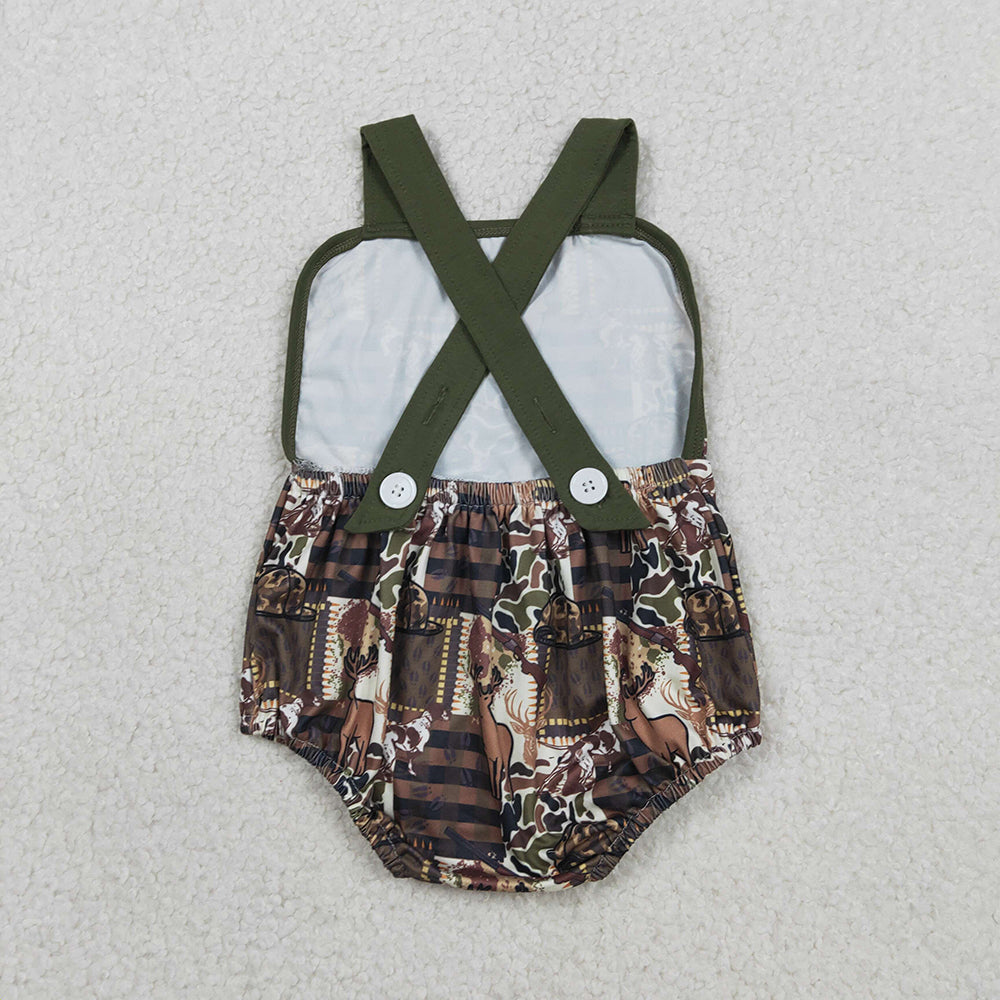 SR3927 Deer Camo Hunting Print Baby Boys Summer Bubble Romper
