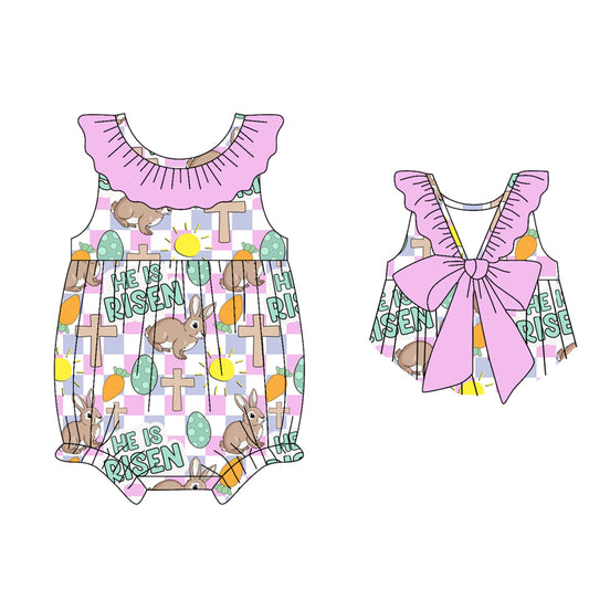 (Pre-order)SR3929 Bunny Eggs Cross Plaid Print Baby Girls Easter Romper