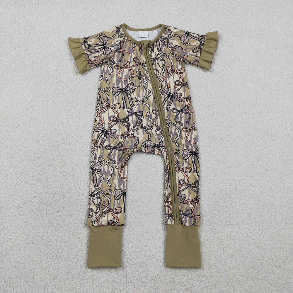SR3931 Bows Camo Print Baby Girls Zipper Sleeper Romper