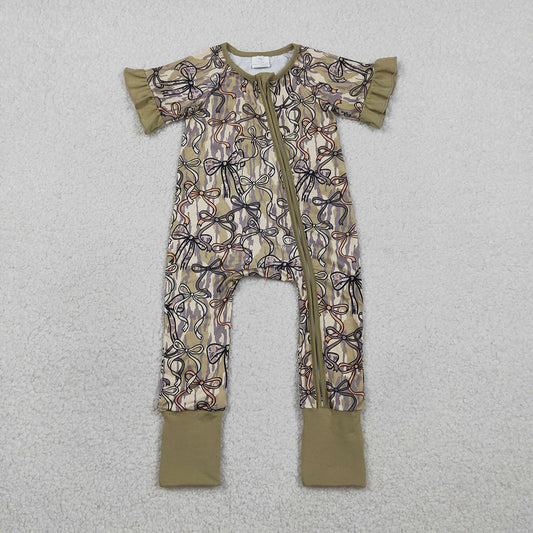 SR3931 Bows Camo Print Baby Girls Zipper Sleeper Romper