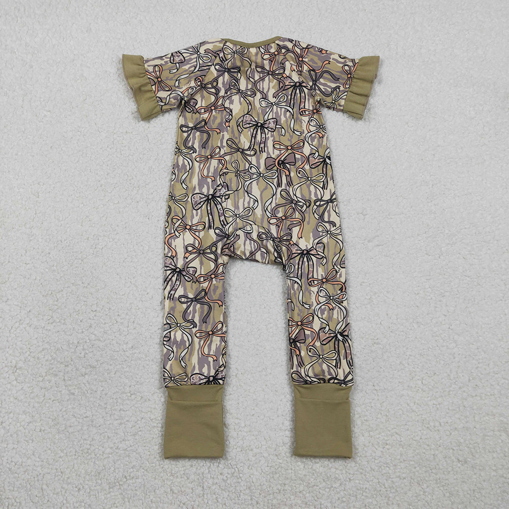SR3931 Bows Camo Print Baby Girls Zipper Sleeper Romper