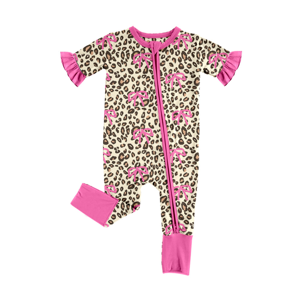 (Pre-order)SR3932 Leopard Bows Print Baby Girls Zipper Sleeper Romper
