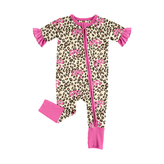 (Pre-order)SR3932 Leopard Bows Print Baby Girls Zipper Sleeper Romper