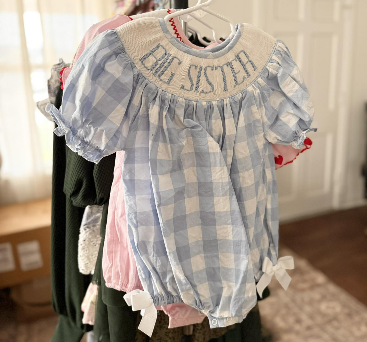 (Pre-order)SR3934 BIG SISTER Blue Plaid Print Baby Girls Summer Romper